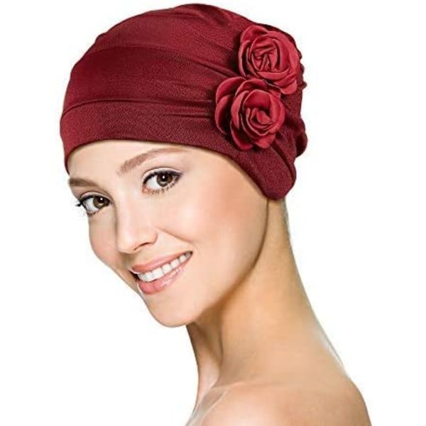 3-pack Damturban Blommössor Vintage Beanie Huvudduk Svart + Vinröd + Marinblå