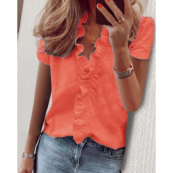 Kvinnor volang V-hals kortärmad blus Casual Holiday Summer T-shirt Topp Orange M IC