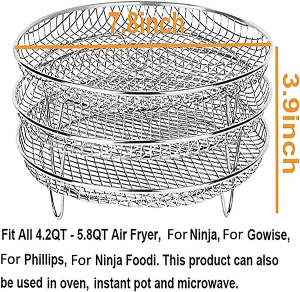 Airfryer-stativ 3-lags stabelbart 304 rustfrit stål runde dehydrator-stativer 7,8 tommer til airfryer-ovn trykkoger Ninja