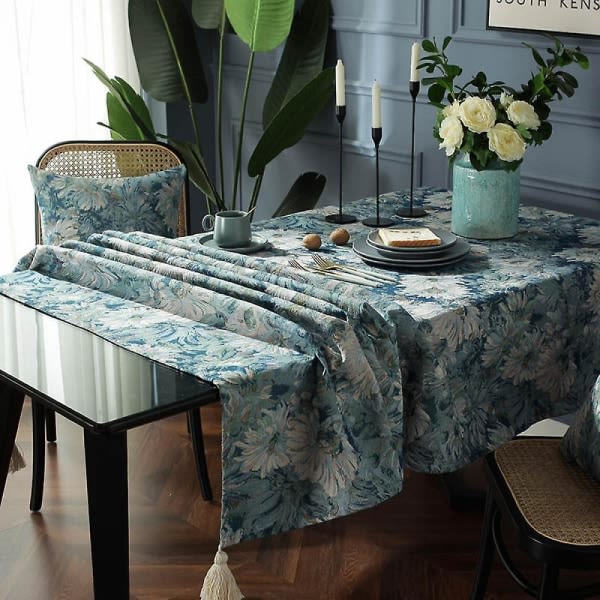 Duk med blommig oljemålningsdesign i bomulls- och linneblandning, tvättbar, rektangulär, för matbord, kök, fest