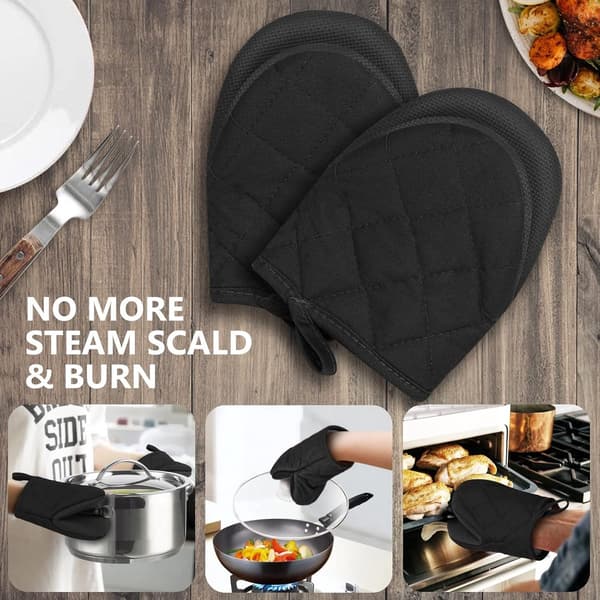 Ugnsvantar 2-pack, värmebeständiga upp till 200°C, halkfria grytlappar i silikon med bomullsfoder för matlagning, bakning och grillning, svarta