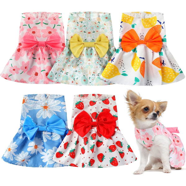IC Flickor Blommiga valpklänningar Bowknot Klänning Söt Doggie Sommar Outfits Kläder för Yorkie Kvinnliga Katt Små husdjur, 5 Styles(S)