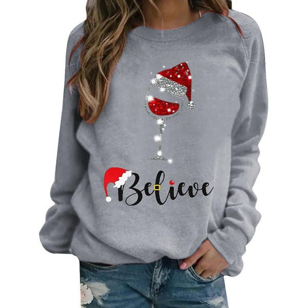 Jul Kvinner Langarmet T-skjorte med Trykk Xmas Casual Løse Genser Skjorter Rundhals Bluser Pullover Jumper Topper Grå S