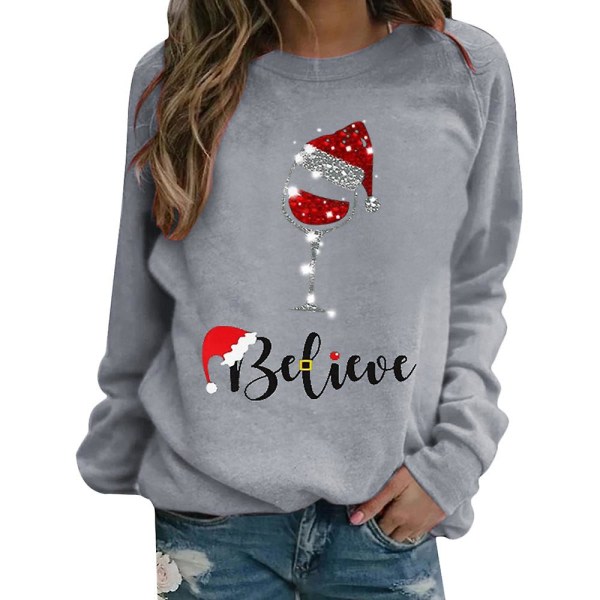 Jul Kvinnor Långärmad T-skjorte med trykk Xmas Casual Lös Sweatshirt Skjortor Rundringad Blus Pullover Jumper Toppar Grå S