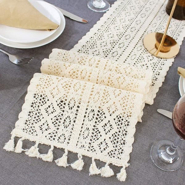 IC Beige Makrame Bordløber Vævet Hæklet Blonder Boho Bryllup