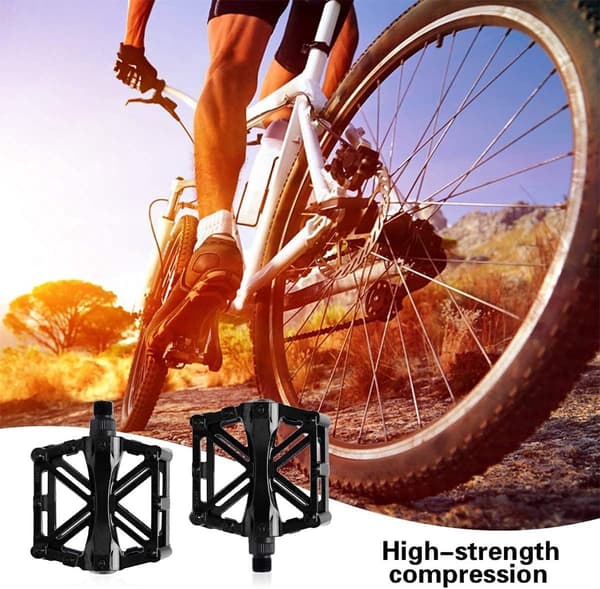 Cykelpedaler, flad platform i aluminiumslegering med 16 skridsikre stifter og forseglede lejer til MTB og elcykler, sort
