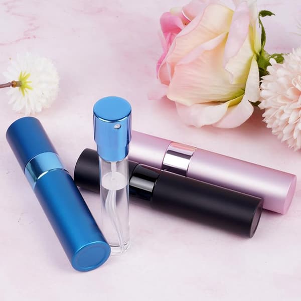 Påfyllningsbara parfymförstörare, set om 3, 10 ml aluminium- och glasresesprayflaskor, läckagesäkra för resor, svart, silver, rosa