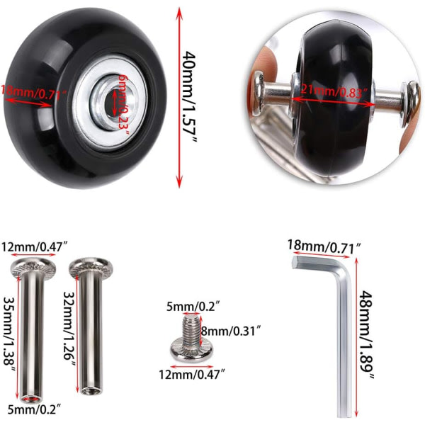 IC 40 mm x 18 mm ersättningshjul for resväska, gummisvängbara länkhjul Lager reparasjonssatser, en sett om 4