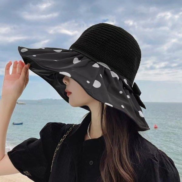 IC Kvinners Solhatt Sommer Vinyl Kvinners Wave Dot Hollow Svart