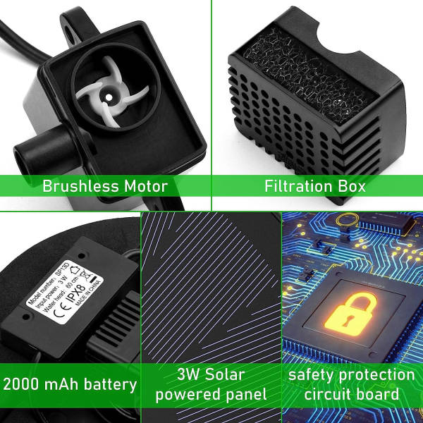 IC Solfontæne, opgraderet 3W solfuglebadfontæne med 2000 mAh batteri, farvet LED, 7 dyser, sikkerhedsskydd