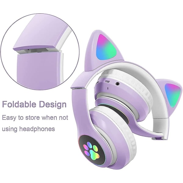 Hopfällbara Bluetooth-hörlurar, Cat Ear Led Light Up Trådlösa barnhörlurar, 10 timmars speltid, barnhörlurar med mikrofon över örat för skolan null none