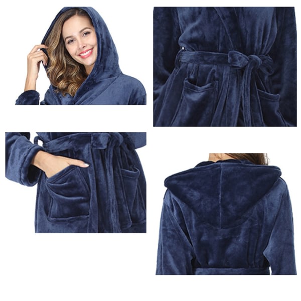 Vinterrock i varm fleece for kvinner med huva, lang badrock med luva i plysch Navy M