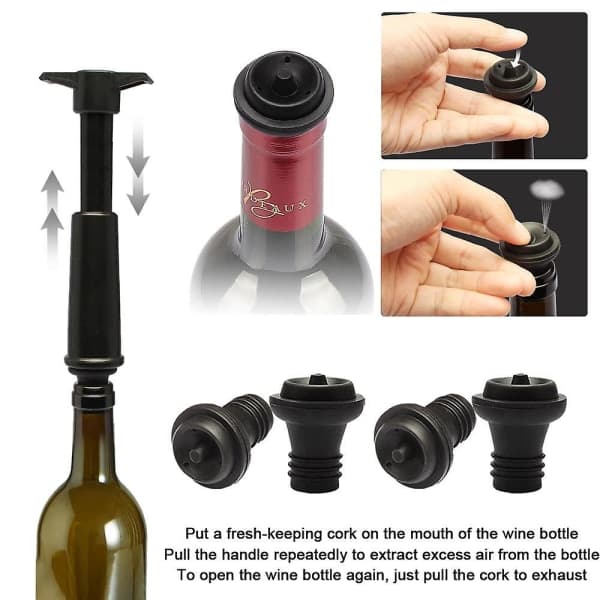 Vacu Vin Sort Pumpe med Vinsparpropper - Holder vinet friskt i op til 10 dage (sort