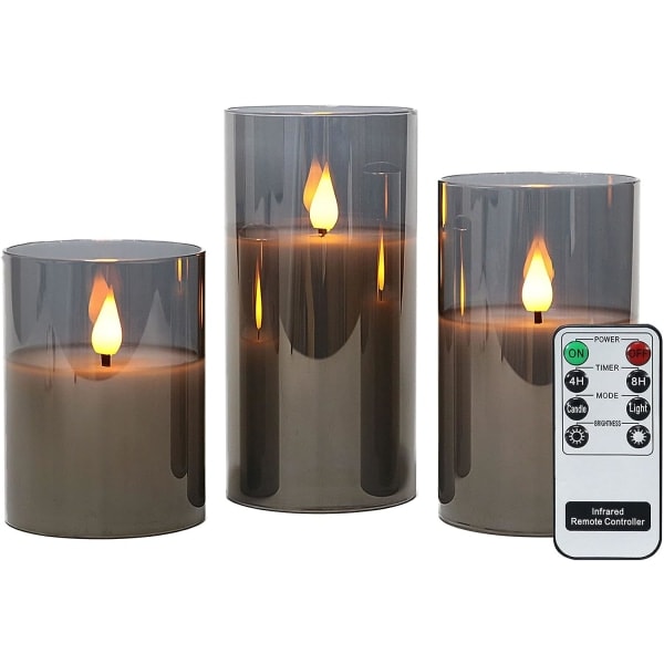 Sæt med 3 LED-lys i glas med fjernbetjening, pelarlys til jul, H10cm/ 12,5cm/ 15cm
