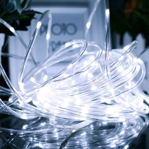 IC 12M Solcellelys Tape, 100 LED utendørs vanntett tau String Lights Rør Tau String Lights for julen Hage Yard Path Gjerde Trær Bakgård (hvit)