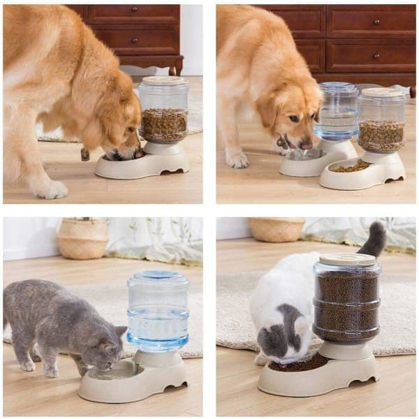 IC Kibble mad- og vattendispenser, automatisk drikkefontæne, drikkebeholder og foderautomat til kat/hund/kæledyr 3,8L x 2 stk. og fodermåtte