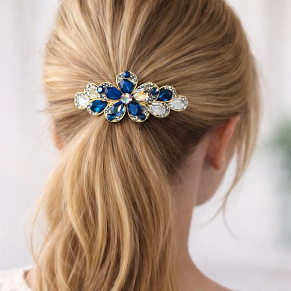 Rhinestone Blomster Hårklemme til Kvinder, Elegant Blå Krystal Hårspænde til Knolde Opsat Hår Bryllupper Fester, Blå Sølv 9x4cm, Gaveidé