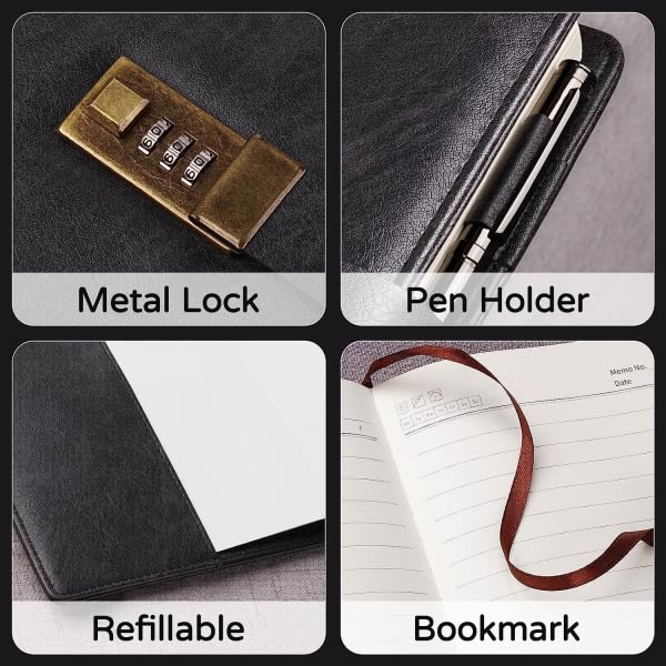 IC Dagbok med lås, A5 PU-læderjournal med lås 240 sider, Vintage Lock Journal Løsenordsskyddad anteckningsbog med penne og presentask, 8,6 x 5,8 tum