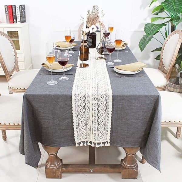 IC Beige Makramé Bordslöpare Vävd Virkad Spets Boho Bröllop