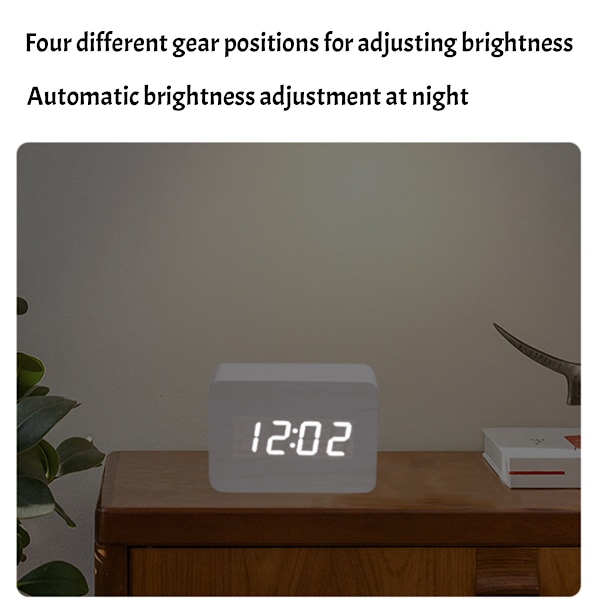 Digital träväckarklocka med justerbar ljusstyrka, röststyrning, LED-display, rektangulär form, tid, temperatur, heminredning