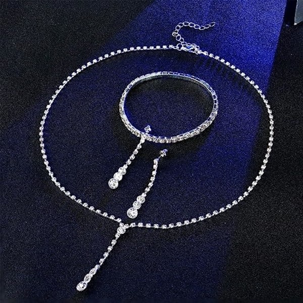 IC Silver brudsmycken Set Strass Halsband Armband Dingla örhängen för brud Brudtärna Teardrop hänge Crystal Bröllop
