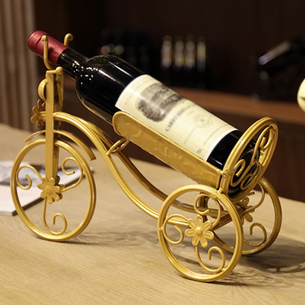 Vintage cykelformad vinhållare Smidesjärn Trehjuling cykel vinflaskställ Sort