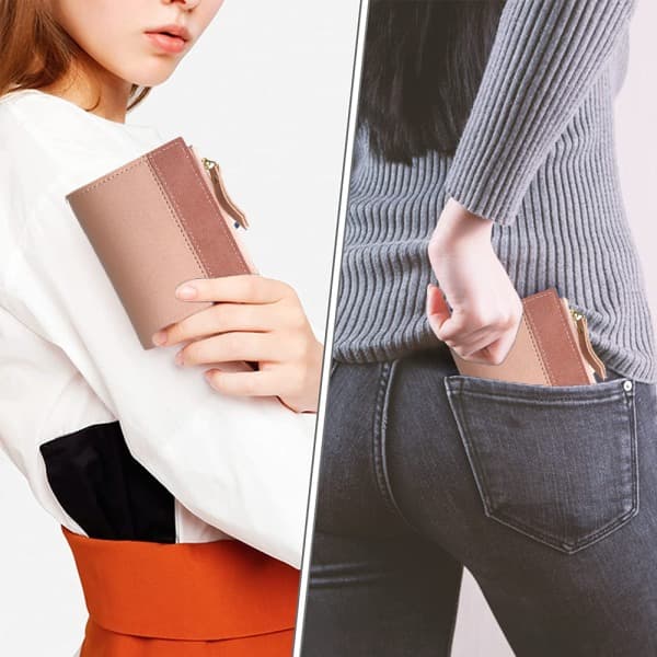 IC Liten Plånbok för Kvinnor, Slank Läder Bifold Front Pocket Dam Rosa