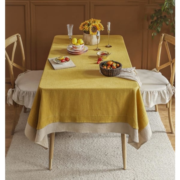 Duk i bomullslinne gul 56 x 70 tommer, rektangulær duk gul og beige patchworkduk