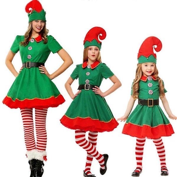 Jultomten Kostym Grön Elf Cosplay Familj Julparty Nyår Maskeraddräkt för Vuxna Kvinnor Women 150