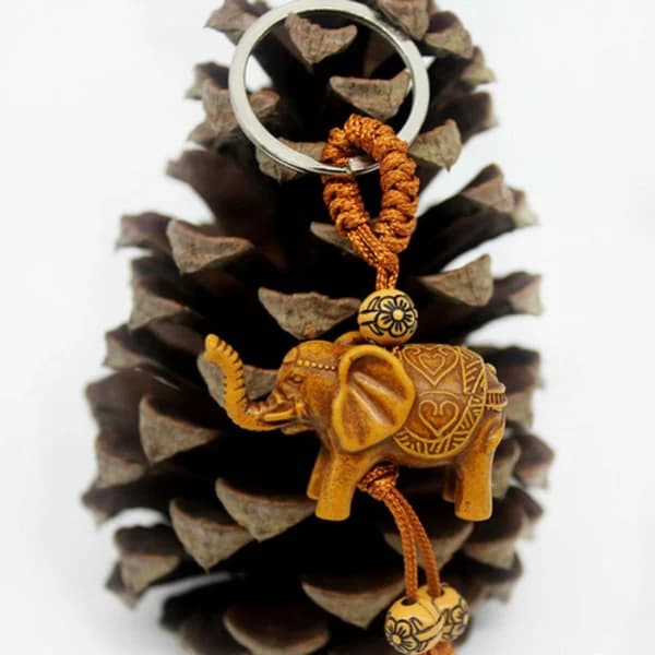 Lucky Elephant Carving Wood Pendant Keychain Keyring Protects Against Evil Gift