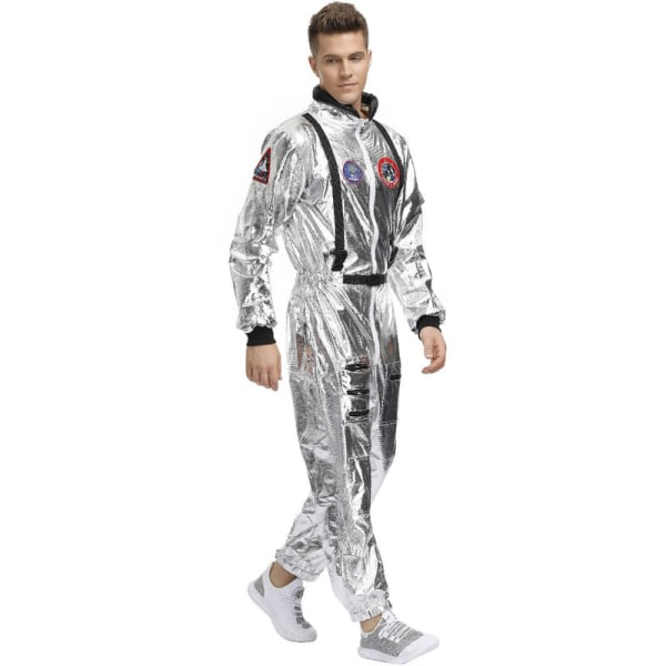 Jumpsuit för vuxna astronautkostym Silver rymdräkt för män med broderade lappar och fickor men M