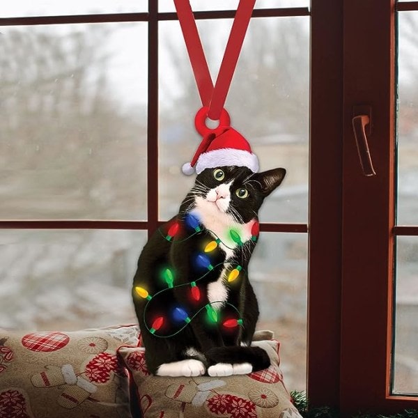 Katt som bär en julhatt med ljusslingor Tvåfärgad Fläckig Katt Julgransprydnad Topp Dekoration