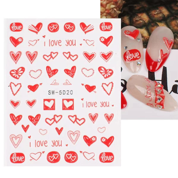 IC 5D Valentine Red Nail Art Sticker Love Heart Holografiska Laser Nageldekaler Kyss Romantisk linje Blommor Bokstavsreglage Präglad nagel 2 ark