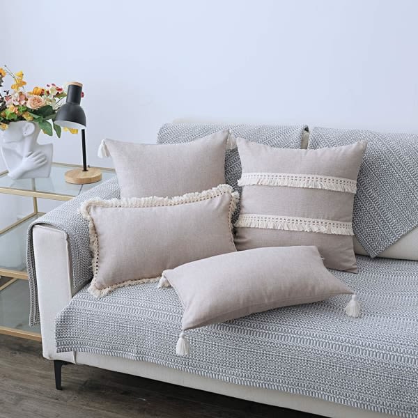 IC Farmhouse bomullslinne, kuddfodral med tofsar Dekorativ ländryggsfodral Cover for sofa i soveværelset (beige 04, 12"x20")