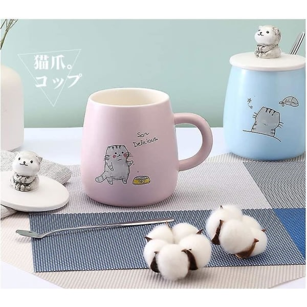 Kattmugg, söt keramisk kaffemugg, med 3D kattformat lock och sked 10x8cm (rosa)