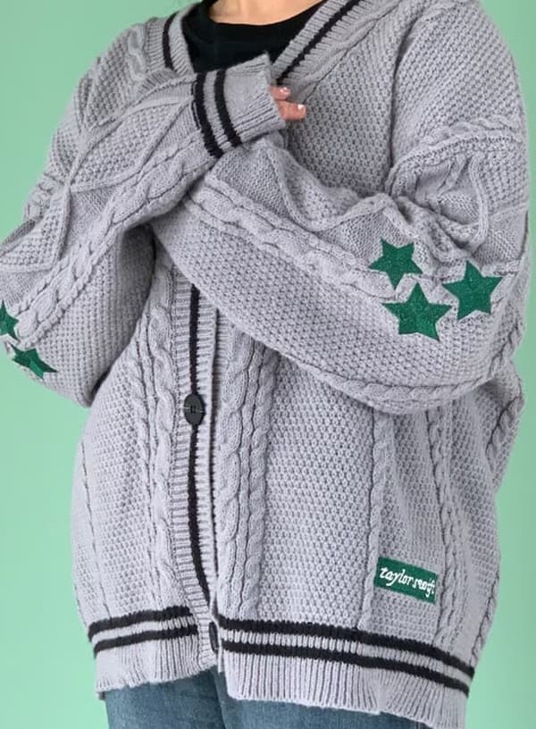 Taylor Swift Star Folklore Cardigan Stjernebroderet Oversized Strikket Bund-Op Trøje Grå Grey M