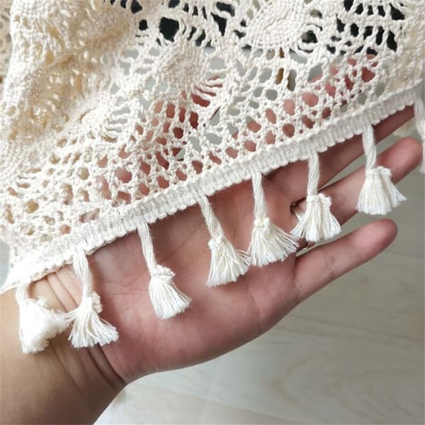 Rund virkad spetsduk 60% bomull i boho-stil med tofsar 150 cm beige bordsduk för matsal bröllopsfest heminredning