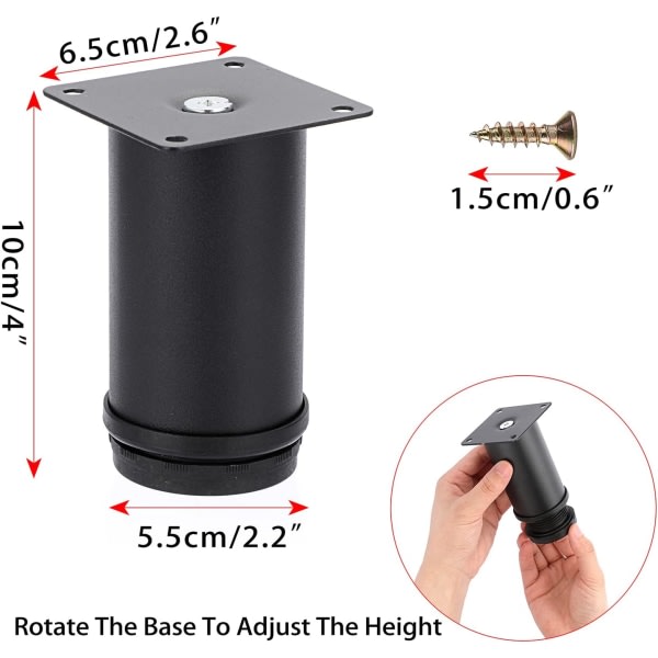 8 st 4 tums möbelben i rostfritt stål - Justerbara metallben för skåp, skrivbord, svarta runda metallmöbler, höjningsfötter för soffbord