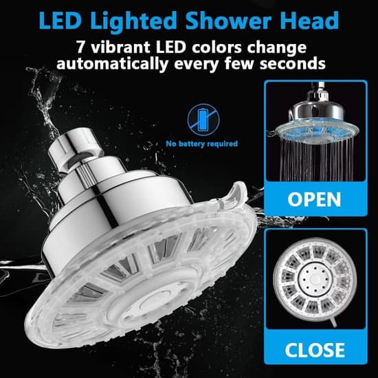 LED dusjhode med 7 fargeskiftende lys, regndusjhode med 2 spraymoduser for bad, kromfinish