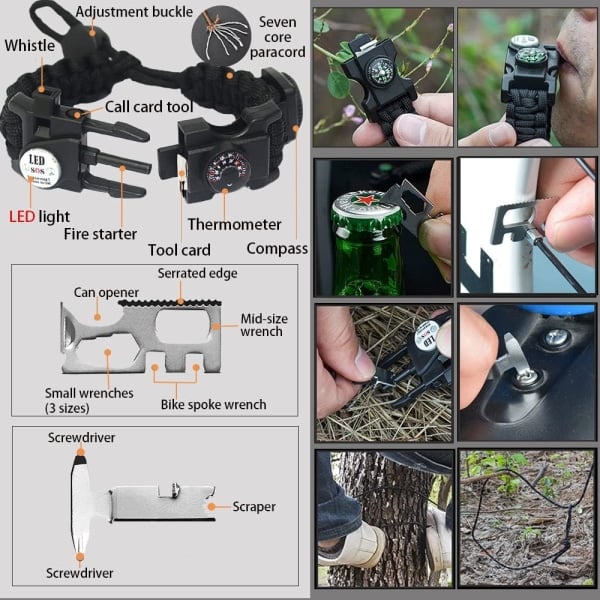 Selviytymisparacord-rannekoru, tulentekijä, vedenpitävä SOS-valo, kompassi, pilli, 20-in-1, ulkoilun Ultimate Tactical Survival Gear Set, lahja, ruskea