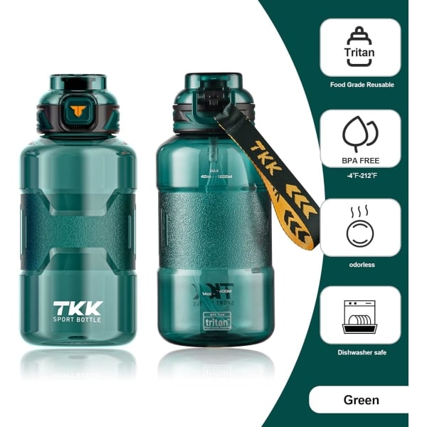 IC 50 oz sportsvandflaske halv gallon vandflaske kanden med sugerør Stor kapacitet plastik vandflaske Opvaskemaskine Sikker 50 oz vandflaske grøn kricke
