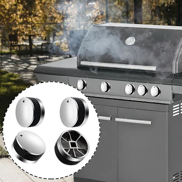 4-pak grillkontrolknapper erstatning til gasgrill, passer til D-formet ventilspindel med 6 mm og 8 mm adaptere, sølvsort