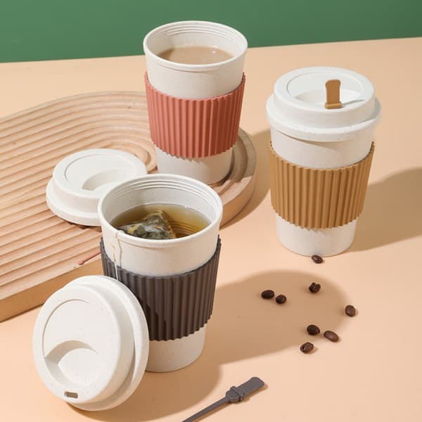 IC Återanvändbara kaffekoppar med lock Wheat Straw Portable Coffee Cup Gray