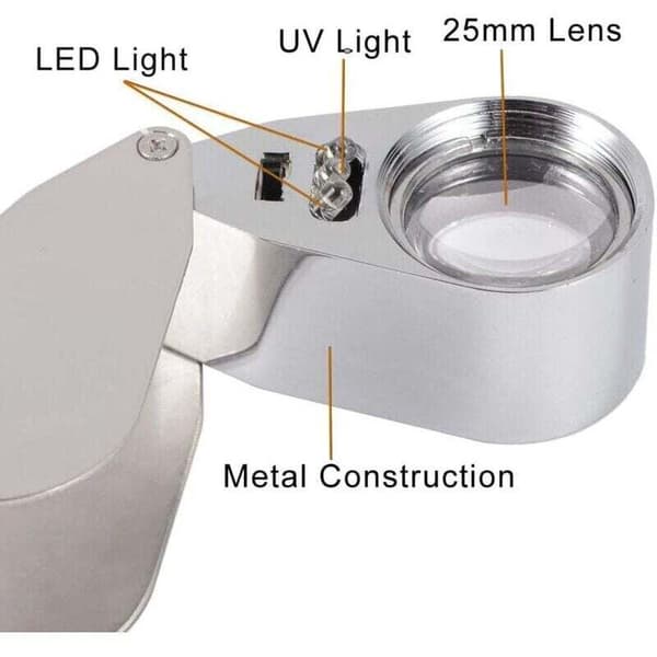 Juvelerarlopp 40x Vikbar Smyckeslupp med LED-belysning (LED Valutadetektering / Juveleraridentifieringslupp)..DEBUNS