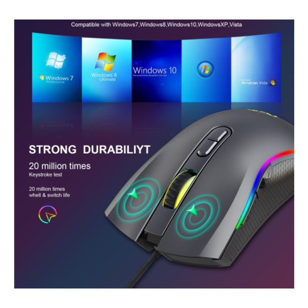 IC RGB Gaming Mouse Bakgrundsbelyst trådbunden ergonomisk 7-knapps programmerbar mus 7200 DPI til Windows PC (svart)$Gaming Mouse Wired