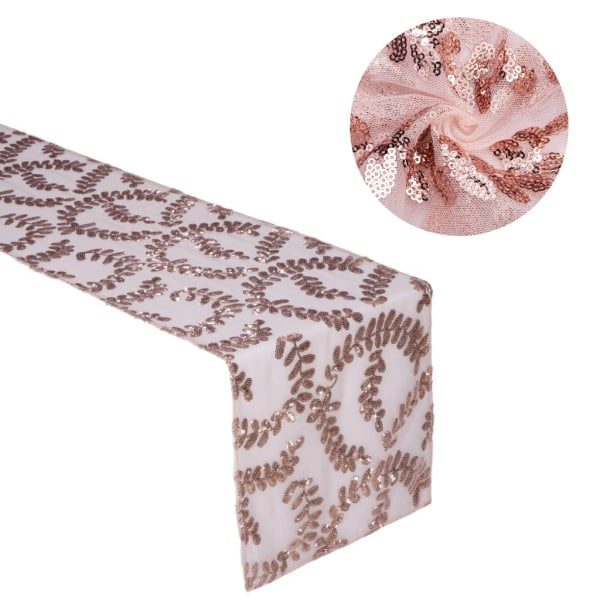 Pöytäjuoksu paljeteilla, roségullinen lehtimalli, pöytälippu, koriste