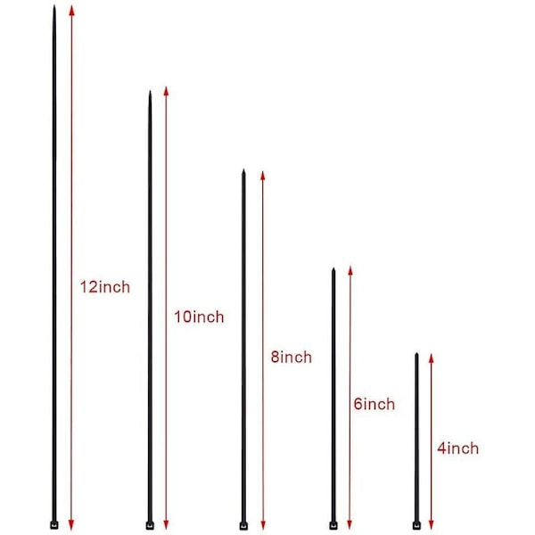 700 stk. sorte nylon kabelbindere, længder 4\"/ 6\"/ 8\"/ 10\"/ 12\"