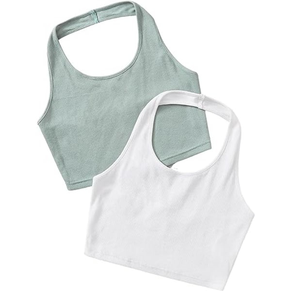 IC Damer 2-pack Basic Ribbstickad Crop Halter Top Ärmlös Väst (LARGE)