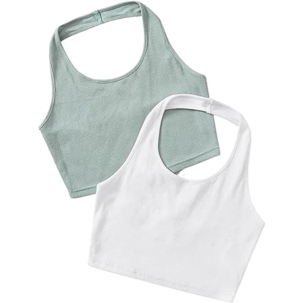 IC Damer 2-pak Basic Ribbstickad Crop Halter Top Ærmeløs Vest (LARGE)