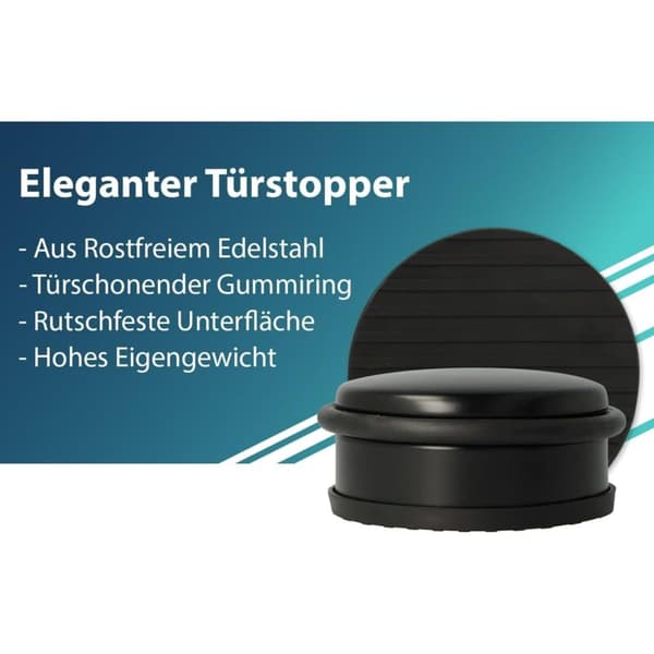 Rund dørstopper i rustfrit stål, velegnet til døre og skridsikker, 10 x 4,5 cm, 1000 g, sort